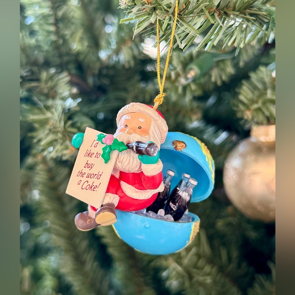 COKE brand retired hand-painted Santa Ornament Buy the World a Coke